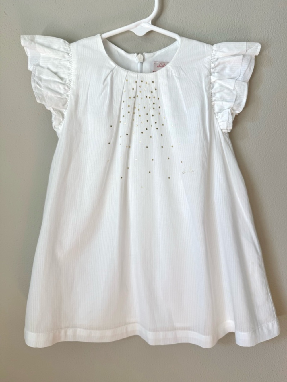 Lili Gaufrette Girls 18M White Gold Dot Flutter Sleeve Dress French Designer